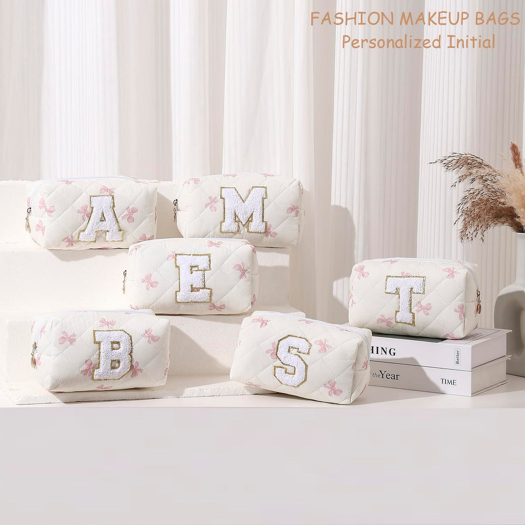 Gleyemor Personalized Initial Makeup Bag for Women, Cute Quilted Pink Floral Cotton Cosmetic Bag, Christmas Gifts for Her Mom Friend Sister Bridesmaid Teacher Women G