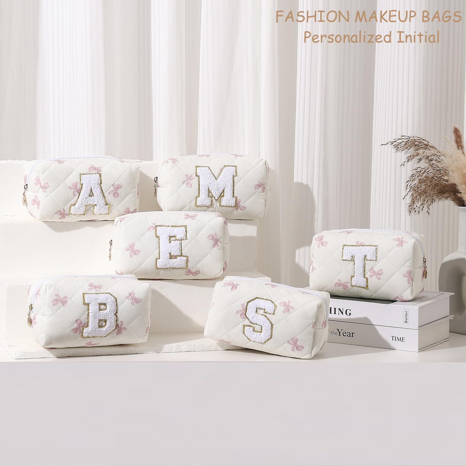 Gleyemor Personalized Initial Makeup Bag for Women, Cute Quilted Pink Floral Cotton Cosmetic Bag, Christmas Gifts for Her Mom Friend Sister Bridesmaid Teacher Women G
