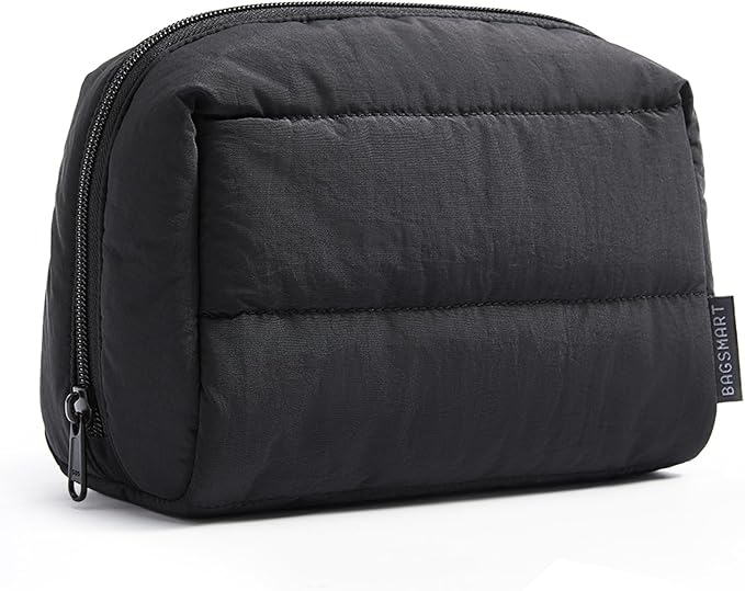 BAGSMART Puffy Makeup Bag, Wide Opening Cosmetic Organizer, Soft Water-Resistant Travel Toiletry Pouch for Women for Purse, Compact & Spacious