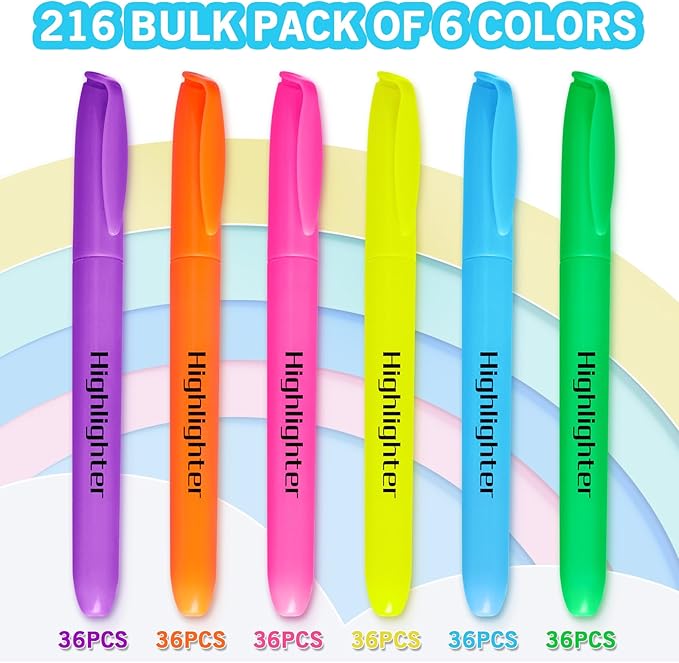 YEGEER Highlighters, Chisel Tip Dry-Quickly Highlighter Markers, 216 Count-6 Assorted Colors Highlighters Bulk Pack for Adult Kids, Office Classroom Must Have, School Supplies for Teachers