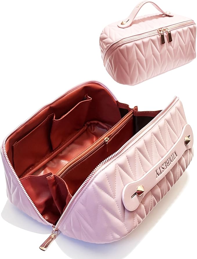 VIDIBESTY Travel Makeup Bag for Women, Large Capacity Cosmetic Bags for Girls, Compact Pouch Make up Organizer, Waterproof Toiletry Bag with Divider and Handle (Pink)