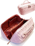 VIDIBESTY Travel Makeup Bag for Women, Large Capacity Cosmetic Bags for Girls, Compact Pouch Make up Organizer, Waterproof Toiletry Bag with Divider and Handle (Pink)