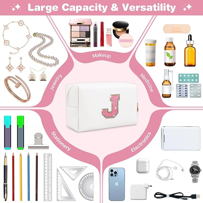 Small Initial Patch Makeup Bag Personalized Gifts Make Up Bag,White Cute PU Leather Glitter Letter Cosmetic Bag with Zipper,Trendy Portable Travel Toiletry Pouch,Preppy Stuff for Teen Girls Women J