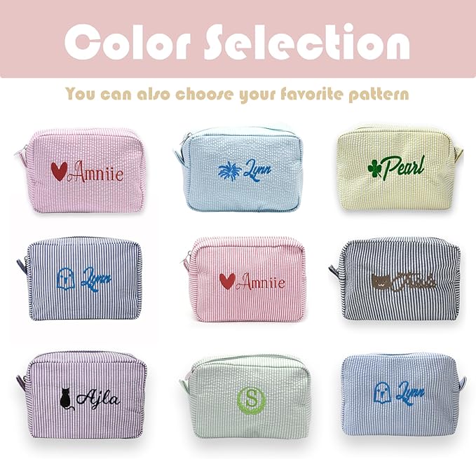 Custom Makeup Bag Personalized Cosmetic Bag Cute Seersucker Travel Toiletry Bag for Women Embroidered Bag Organizer for Bride Makeup Bag Gift Red