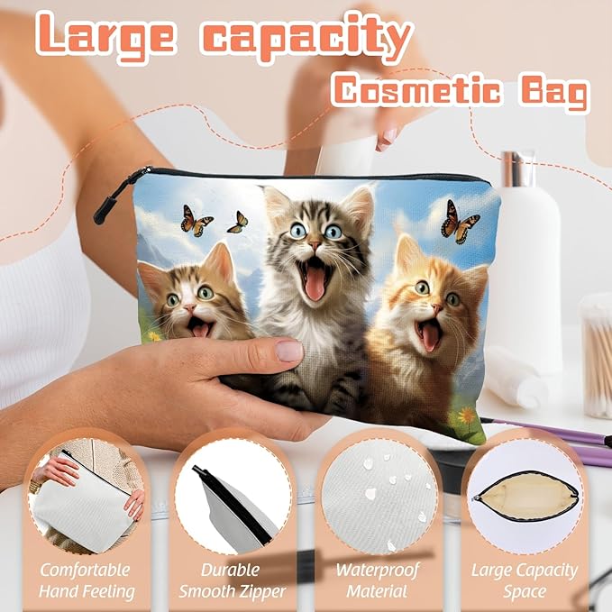 Scribesense Cosmetic Bags Travel Makeup Toilet Case Waterproof Pouch for Women Girls 6.7X9.45inches - Kittens With Butterflies in A Mountain - Sky Background