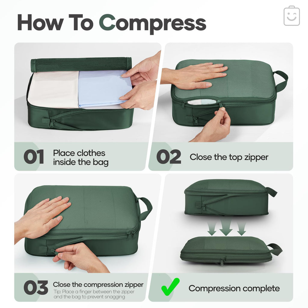 Veken 9/11 Set Compression Packing Cubes Garment Bags for Travel Essentials,Compressible Expandable Luggage Organizer Bags for Clothing,Space Saver Bags with Over 1000 pcs of Mesh Holes(Dark Green)