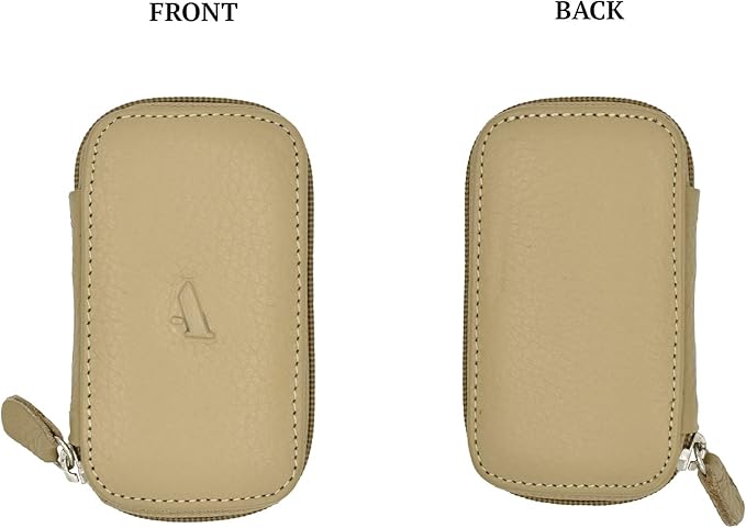 Adamis Full Grain Genuine Leather Keychain Holder Pouch, Key Case, Soft Strong and Compact Organizer and Wallet with Zip Closure for Extra Safety and 6 Key Holder Hooks in Beige