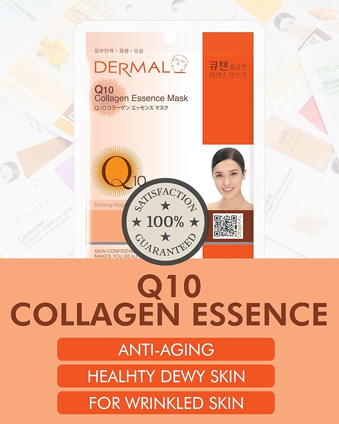 DERMAL Q10 Collagen Korean Essence Sheet Mask, Ubiquinone, 23g, 10 Pack