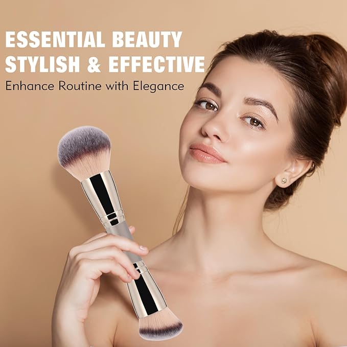 Dual-Ended Makeup Brush: Round & Angled Powder Brush, 100% Vegan Synthetic Blush Brush for Cheeks, Foundation Brush Flawless Blending and Application of Liquid, Powder, Cream, Blush