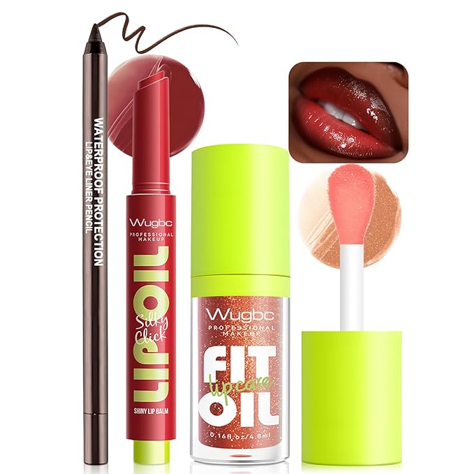Wugbc Brown Lip Liner Glitter Lip Gloss Oil Click Lip Balm, Hydrating Lipstick Tinted Lip Oil for Women Makeup Lightweight Non Sticky Liquid Lipstick Lip Liner Pencil Combo Set