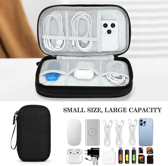 FYY Electronic Organizer, Travel Tech Pouch Bag, Medium, Black Quilted