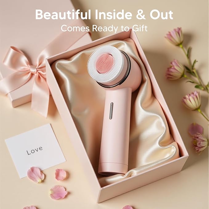 Electric Facial Cleansing Brush for Teen Girls, Rechargeable Waterproof Dual Rotating Face Scrubber with 3 Interchangeable Heads, Soft Silicone Face Brush, Pink