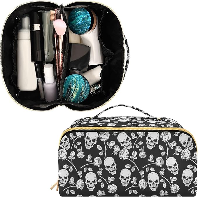 MNSRUU Makeup Organizer Bag, Skull with Rose Print Travel Makeup Bags Makeup Vanity Case Large Capacity Rhombus Cosmetic Toiletry Bag for Girl Women Ladies
