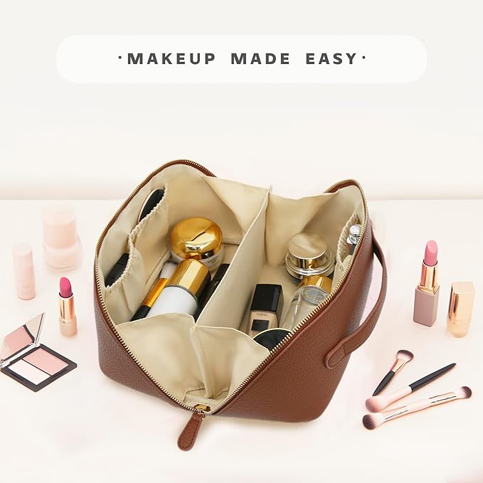 JINYIBAGS Travel Makeup Bag – Large Cosmetic Organizer with Waterproof PU Leather, Smooth Double Zipper & Tear-Resistant Lining, Toiletry Pouch for Women (Brown)