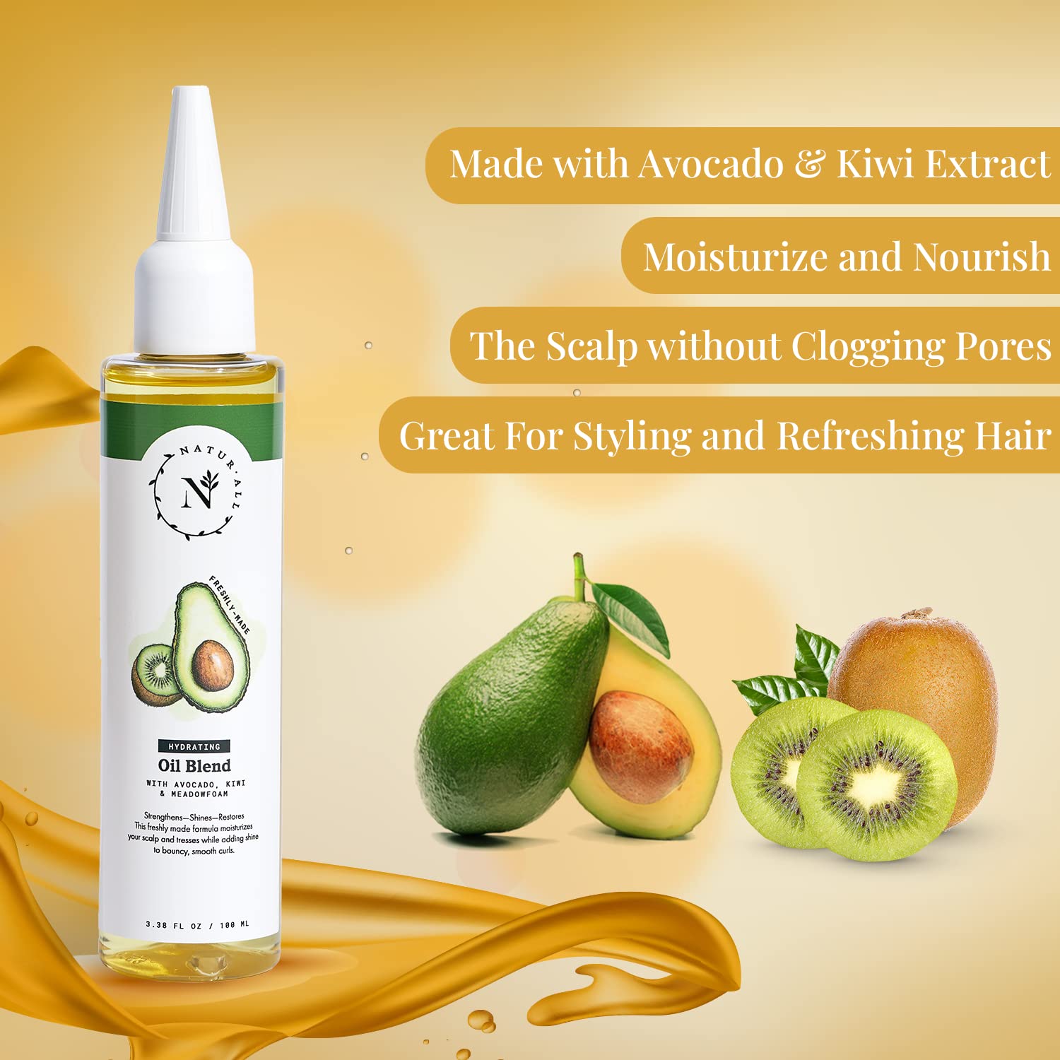 NaturAll Hydrating Hair Oil Blend with Cold pressed Avocado and Kiwi seed oils-Hair Growth Oil with Vitamin E & C- Hair Growth Serum for Hair Repair, Frizz, Breakage & Split Ends (3.38 FL OZ)