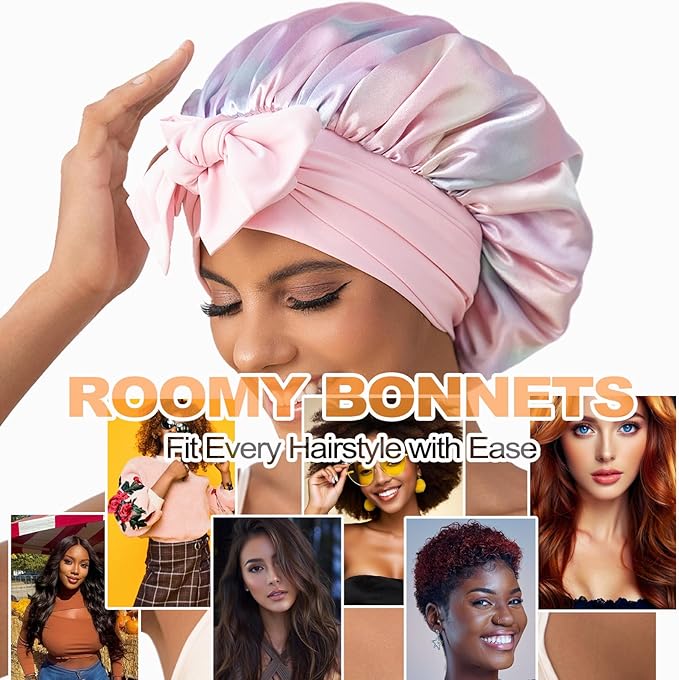 GDTOGRT Satin Silk Bonnet for Sleeping Women, Double Layer Sleep Hair Bonnets Caps for Curly Natural Hair with Tie Band - Aura