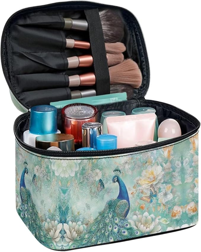 Drydeepin Peacock Butterfly Peony Flower Print Travel Makeup Bags for Women Portable Tote Cosmetic Case with Carry Handle Toiletry Accessories Storage Organizer Bags