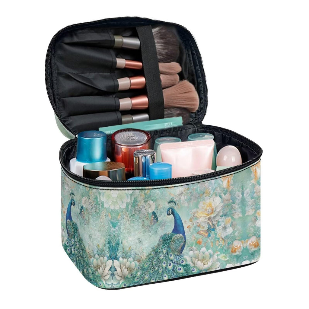 Drydeepin Peacock Butterfly Peony Flower Print Travel Makeup Bags for Women Portable Tote Cosmetic Case with Carry Handle Toiletry Accessories Storage Organizer Bags