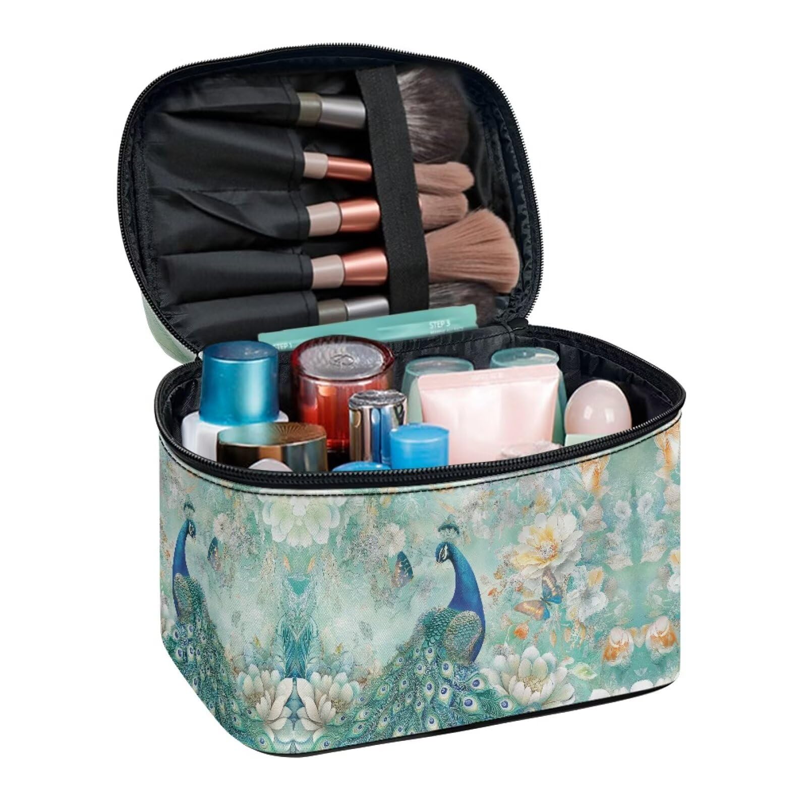 Drydeepin Peacock Butterfly Peony Flower Print Travel Makeup Bags for Women Portable Tote Cosmetic Case with Carry Handle Toiletry Accessories Storage Organizer Bags