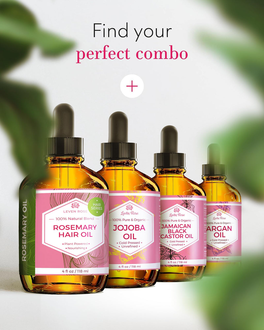 Leven Rose Organic Rosemary Hair Growth Oil with Castor, Rosemary, Peppermint, Jojoba, Argan, Pumpkin Seed, Horse Tail Extract, Evening Primrose for all Hair Types, Natural, 2 oz