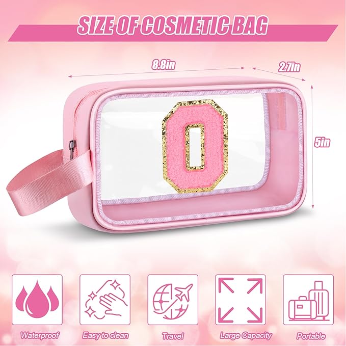 Vodolo Initial Makeup Bag,Letter O Cute Clear Monogrammed Cosmetic Travel Bag for Womens Girls,Personalized Pink Aesthetic Traveling Make Up Organizer Bag for Beach,Waterproof Toiletry Bag