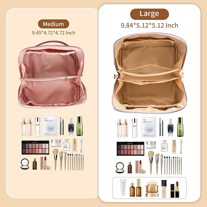 zaleeta Travel Makeup Bag, Large Capacity Cosmetic Organizer Bags for Women, Waterproof PU Leather Toiletry Bags, Wide Open Flat Makeup Case with Divider and Handle