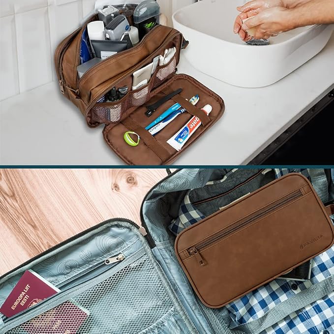 PAVILIA Toiletry Bag for Men, Travel Toiletries Bag | Water-resistant Dopp Kit, PU Leather Shaving Pouch Organizer for Accessories, Cosmetic, Hygiene, Grooming Essentials (XL, Brown)