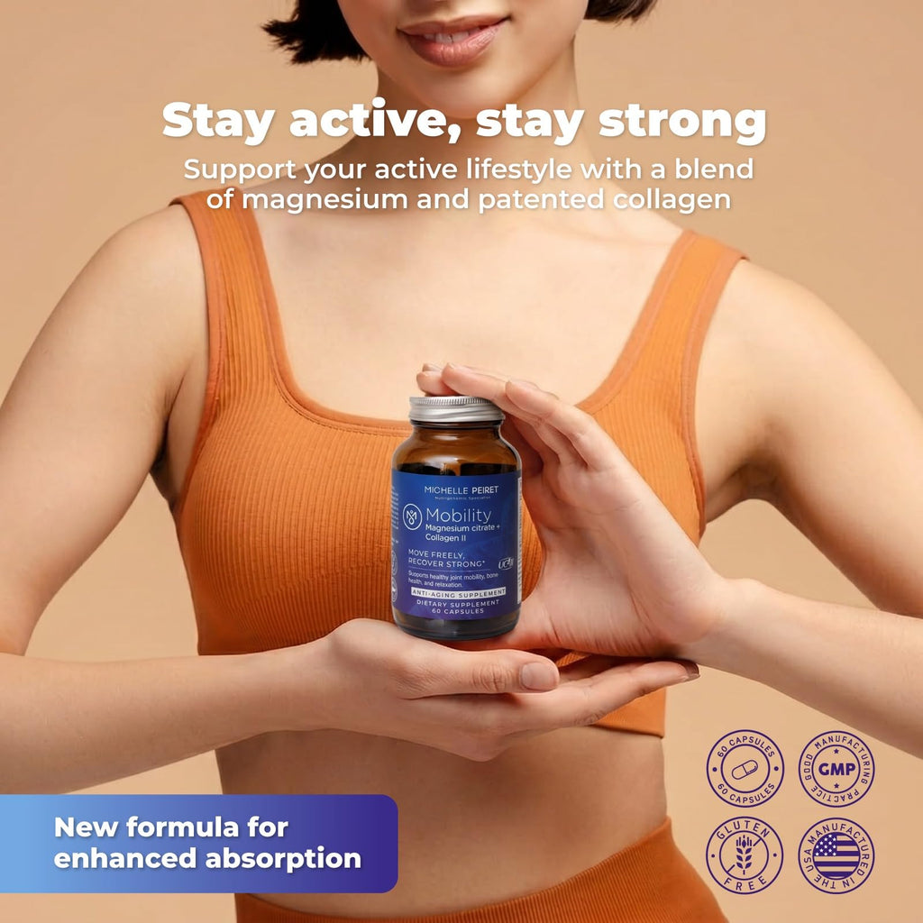 Michelle Peiret Mobility - Magnesium + Collagen Supplement with Hyaluronic Acid & Vitamin C | Supports Bones, Joints & Muscles | Gluten-Free & Non-GMO | 60 Capsules for Men & Women