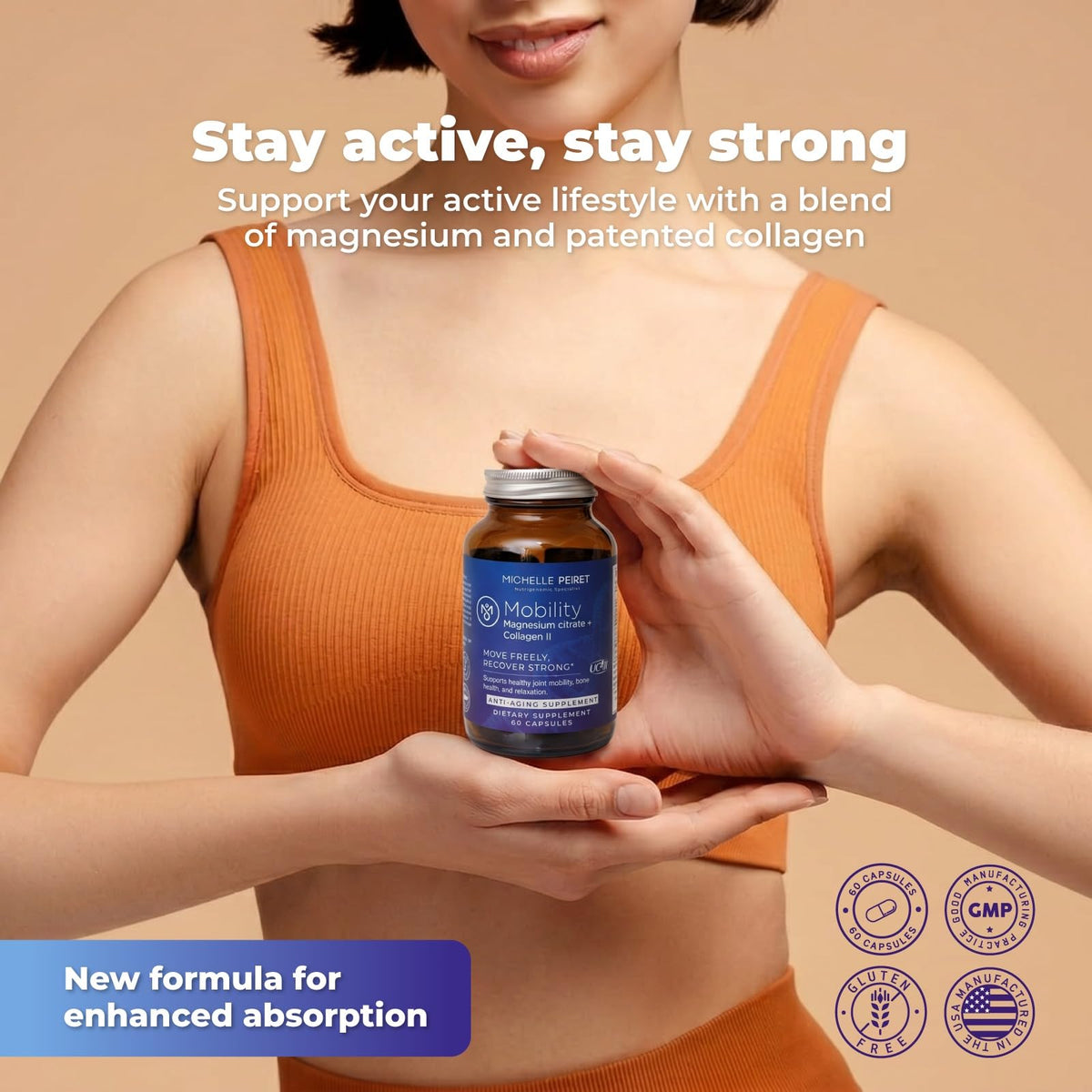 Michelle Peiret Mobility - Magnesium + Collagen Supplement with Hyaluronic Acid & Vitamin C | Supports Bones, Joints & Muscles | Gluten-Free & Non-GMO | 60 Capsules for Men & Women