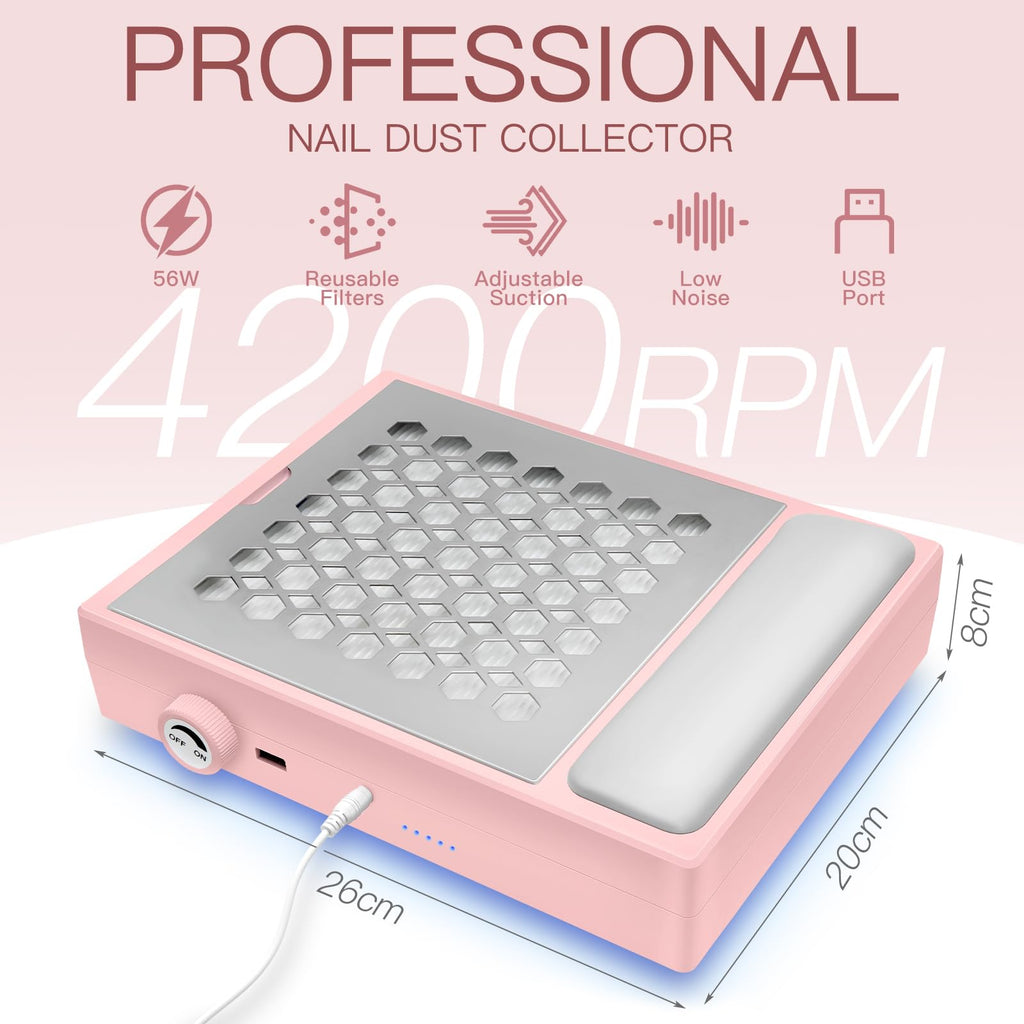 Madenia Powerful Nail Dust Collector - Brushless Quiet Vacuum Suction Fan Extractor with Hand Pillow 2 Filters 1 Brush, Nail Dust Cleaner Machine for Acrylic Gel Nail Polishing Nail Tech Use, Pink