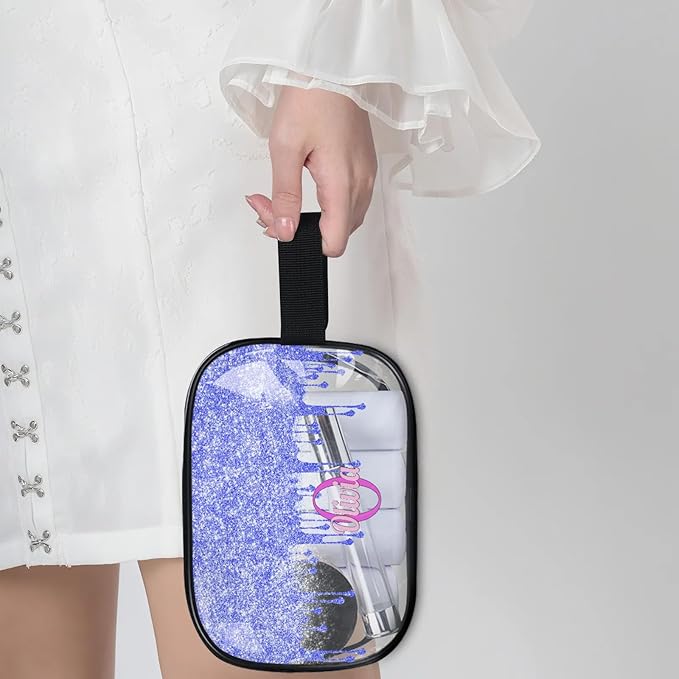 KFNHN Personalized Name Clear Makeup Bag, Custom Women Transparent Cosmetic Travel Toiletry Bag Pouch Organizer for Vacation Weekend, Bright Blue Curtain Glittery
