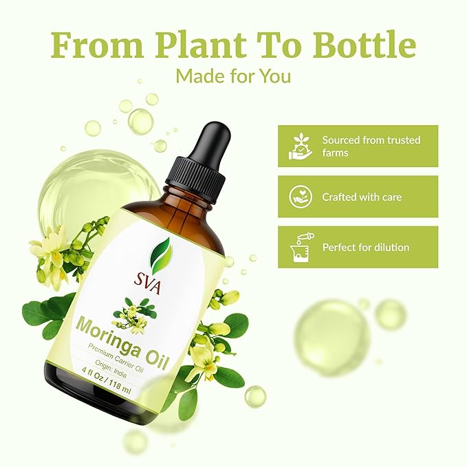 SVA Moringa Seed Oil 4 Fl Oz - for Face, Skin Care, Hair Care, Scalp Massage & Body Massage – Carrier Oil with Dropper