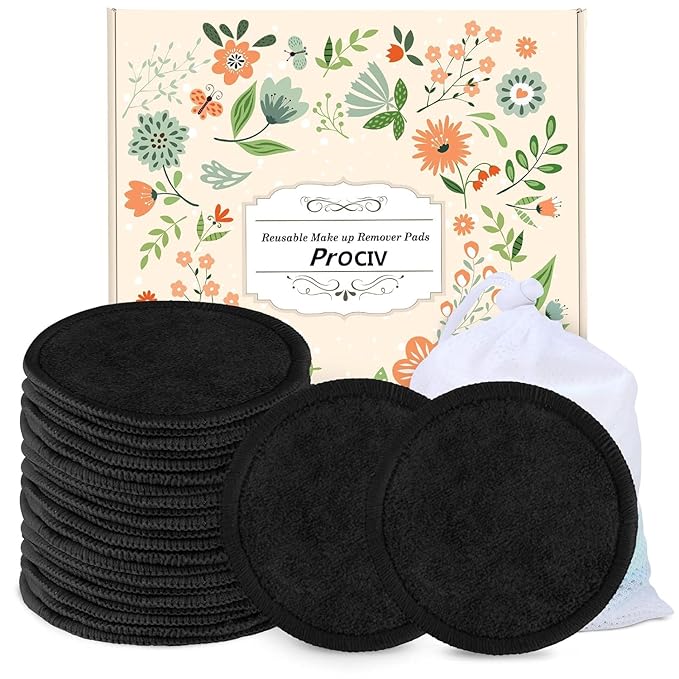 ProCIV Reusable Makeup Remover Pads, 25 Packs Organic Washable & Eco, Black