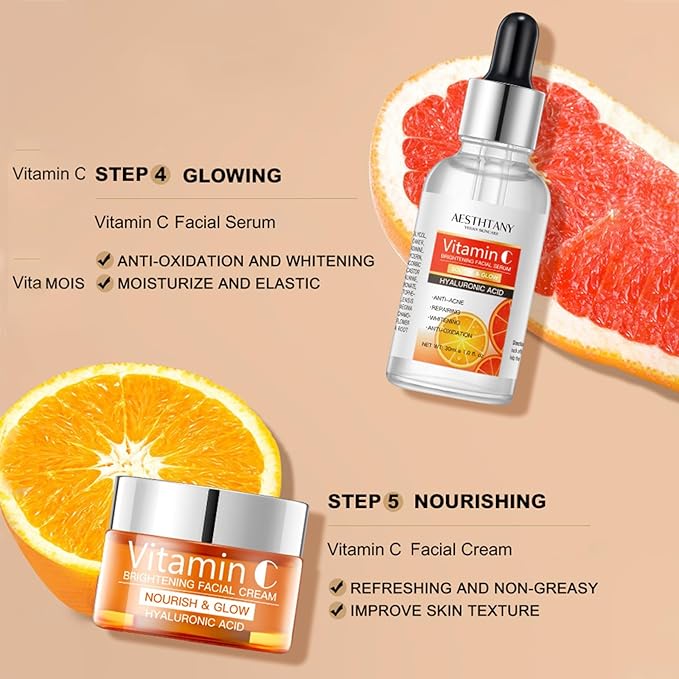 R RadiantRise Vitamin C Skin Care Set For Women, 5-In-1 Moisturizing Hyaluronic Acid Skin Care Routine with Facial Cleanser, Serum, Face Cream, Eye Cream, Toner