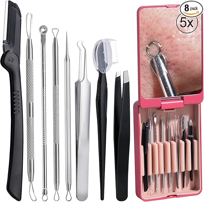 JPNK Blackhead Remover Tool Comedones Extractor Acne Removal kit & Eyebrow Trimmer Kit, 8PCS in One with 5X Magnifying Mirror (Silver)