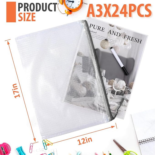 24pcs Mesh Zipper Pouch, Puzzle Storage Bags, A3 17x12 Inches Large Reusable Zipper Pouches for for Classroom Office Supplies Organizing, Extra Large Zipper Bags, Board Game Storage