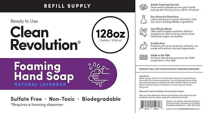Clean Revolution Foaming Hand Soap Refill with Real Essential Oils, Moisturizing Sulfate-Free Hand Soap, Ready-to-Use Foam Soap Refill for Kitchen & Bathroom (Natural Lavender, 128oz)