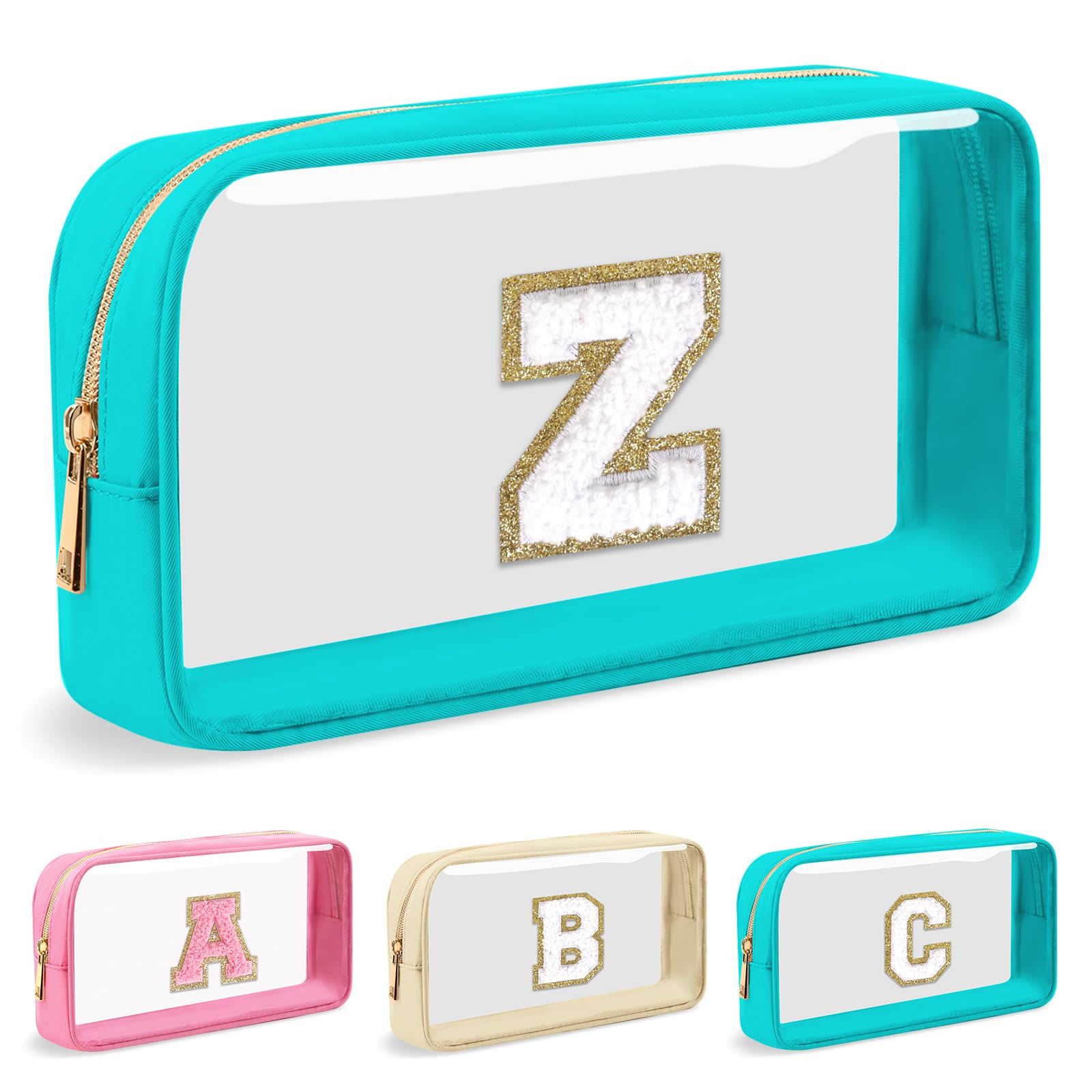 Personalized Initial Letter Clear Makeup Bag,Preppy Small Nylon&PVC Cosmetic Zipper Bag with Chenille Letter,Portable Beach Travel Skincare Toiletry Bag,Trendy Monogram Gift for Teen Girls Women,Z