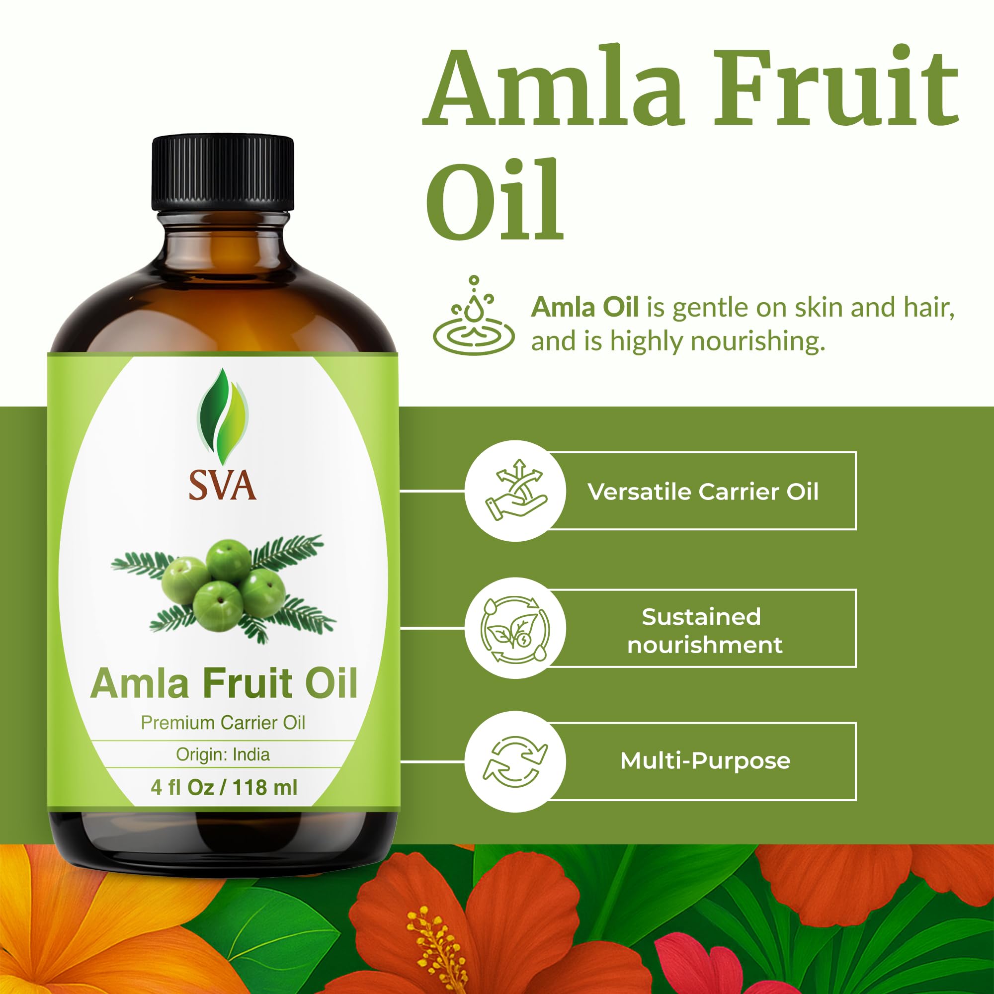 SVA Amla Oil 4oz (118ml) Premium Carrier Oil with Dropper for Hair Care, Hair Oiling, Scalp Massage, & Skin Care