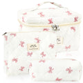 URSKYTOUS 3Pcs Cotton Quilted Makeup Bag for Women Extra Large Coquette Small Floral Travel Cosmetic Bag Set Aesthetic Cute Bow Makeup Pouch Portable Toiletry Bag Puffy Essential Storage Organizer
