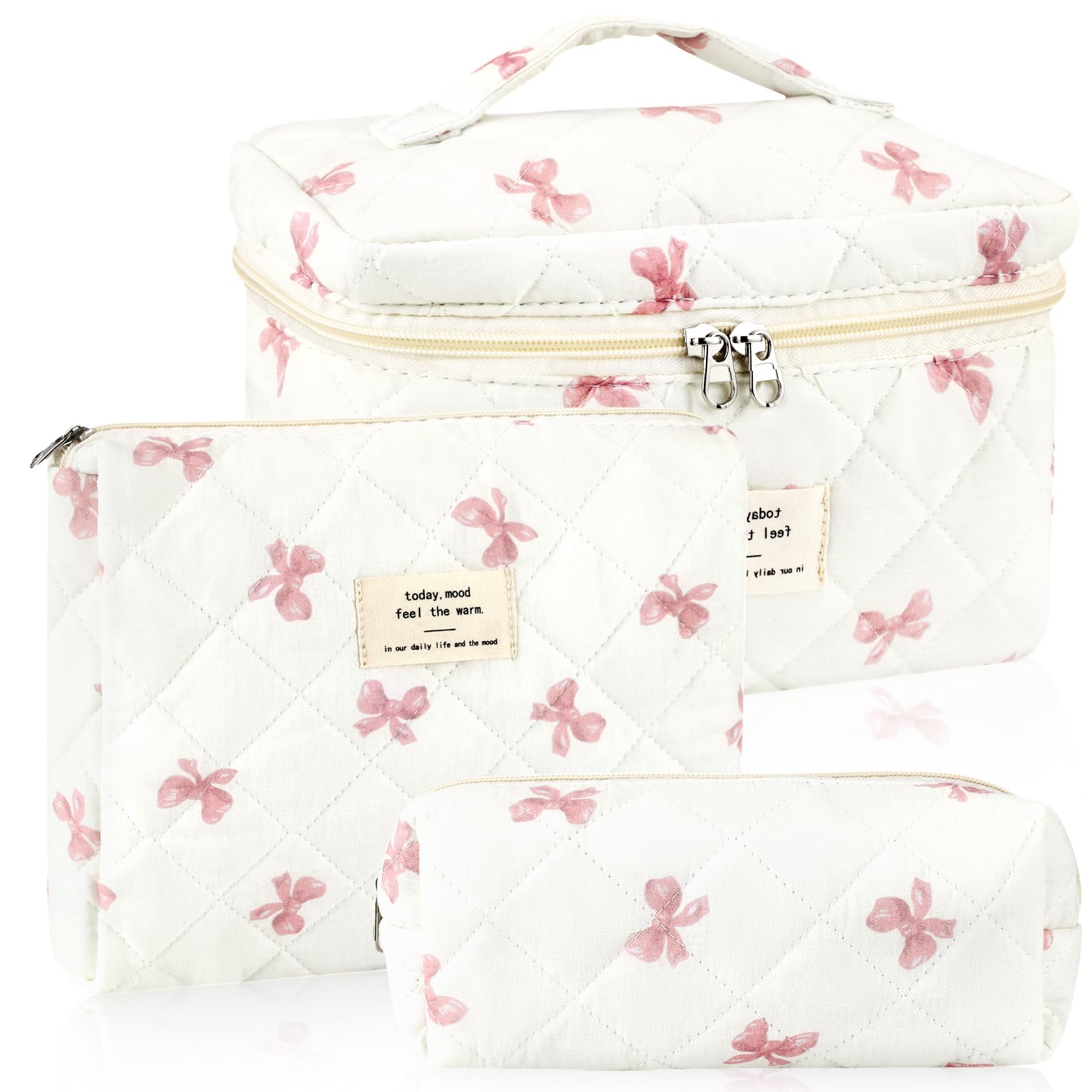 URSKYTOUS 3Pcs Cotton Quilted Makeup Bag for Women Extra Large Coquette Small Floral Travel Cosmetic Bag Set Aesthetic Cute Bow Makeup Pouch Portable Toiletry Bag Puffy Essential Storage Organizer
