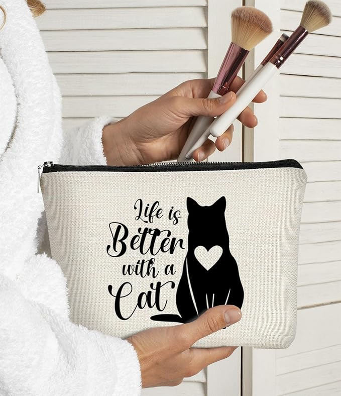BARPERY Cat Mom Gifts: Makeup Bag for Women, Perfect for Birthday or Valentine's Day, Life's Better with Cats