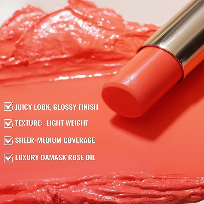 Oulac Moisturizing Orange Red Lipstick for Women, Glass Shine Lip Stick Tinted Lip Balm, Hydrating Lip Gloss for Dry Lips,Shine Juicy Finish Vegan Lipsticks 2.2g/0.07oz G12