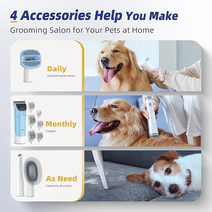 Buenkee Dog Grooming Vacuum Kit, 15000Pa Clipper, Shedding Brush, 2L, Blue