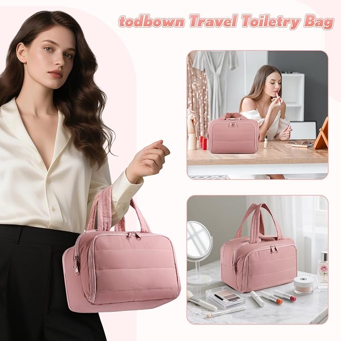 todbown Travel Toiletry Bag:  Large Capacity, 4 Compartments, Wet/Dry Separation, Ultra-Soft Lightweight Fabric & Anti-Spill Design for Travel,Gym,Gift(11.8" L) (Raspberry Pink)