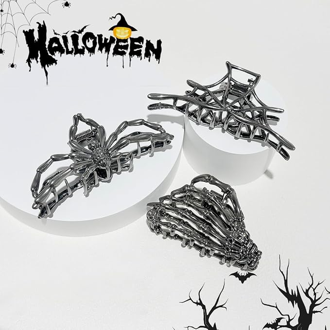 Parcce 3 Pieces Large Metal Spider Net Hand Hair Claw Clips for Women and Girls Thick Long Hair, Nonslip Skeleton Spooky Barrette Headband Hair Styling Accessories for Halloween