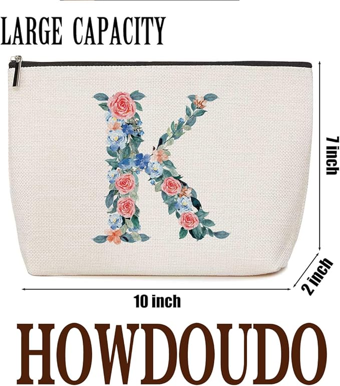 Personalized Initial Letter K Makeup Bag Floral Travel Cosmetic Bag