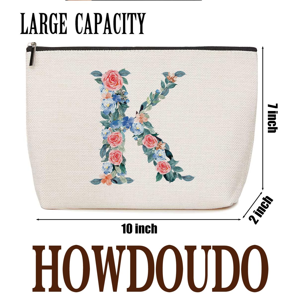 Personalized Initial Letter K Makeup Bag Floral Travel Cosmetic Bag