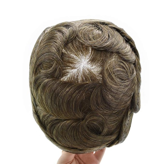 F M FACE MIRACLE NEW YORK Mens Toupee Human Hair Piece French Lace Toupee for Man Hair System Indian Human Hair Replacement Systems V-Looped PU Front Hairpieces 7"X9" 6# LIGHT BROWN