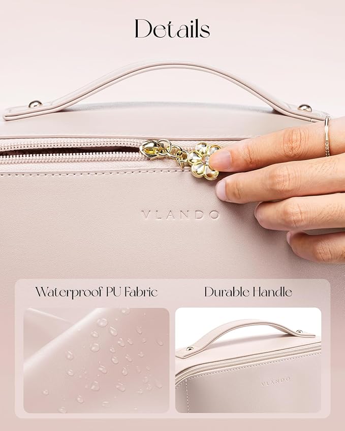 VLANDO Cosmetic Bag for Women with 180°Opening,Carry Handle,Apricot Pink